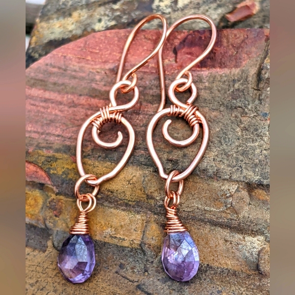 Artisan Jewelry - Artisan Amethyst Drop Earrings With Copper Leaf Charms